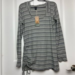 NEW Prana Gray/White Winter Stripe Long Sleeve Vinyasa Hoodie Shirt Size L